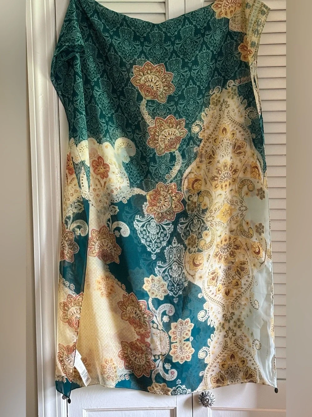 CHICOS lightweight PRINT SCARF coin details TEAL IVORY floral